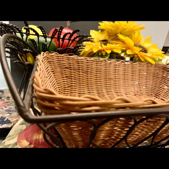 Vintage Hand Woven Reed Basket W/ Black Wrought Iron Stand. Rectangular - Picture 6 of 14